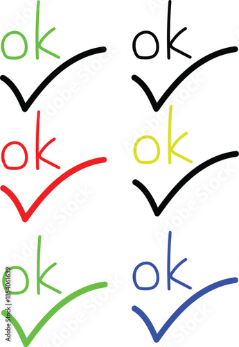 OK text with check marks in multiple colors on transparent background vector graphic illustration set
