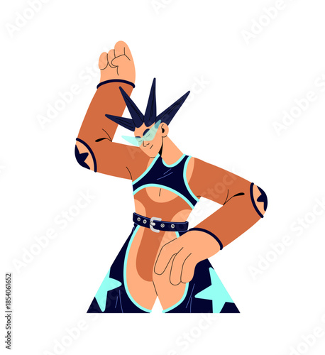 Young person in fashion clothes dances at techno rave. Character with stylish hairstyle, glasses has fun at party of electronic music. Disco in night club. Flat isolated vector illustration on white.