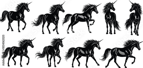 Elegant running unicorn silhouettes collection magical fantasy horses black vector illustration set for fairy tale myth design art graphics elements