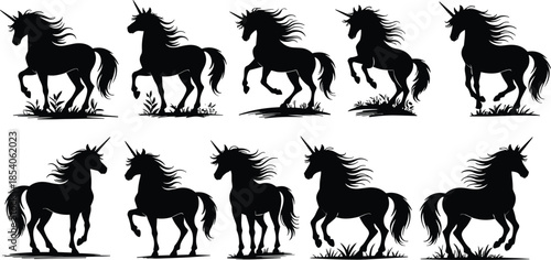 Running unicorn silhouettes set magical fantasy horses black vector illustration collection for fairy tale myth design decoration art graphic elements