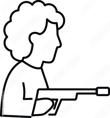 Line art drawing of an individual with curly hair holding a gun