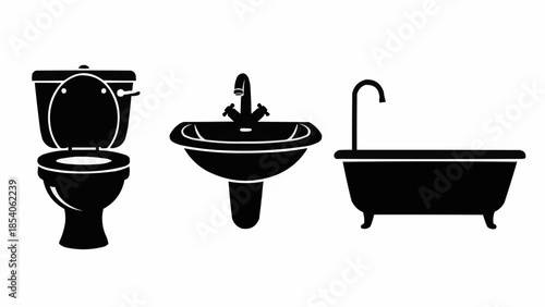 Toilet Sink and Bathtub Silhouette Icons.