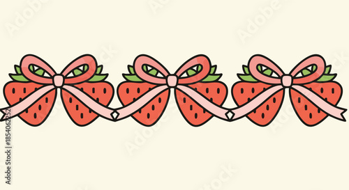 Cute cartoon strawberries with pink bows forming a decorative border on a light background for various design projects