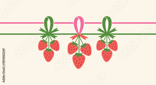 A whimsical arrangement of ripe strawberries suspended by vibrant green ribbons and pink bows against a softly hued backdrop suitable for decorative