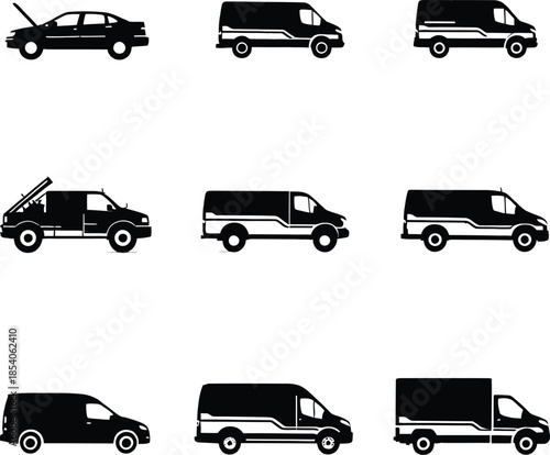 Vehicle Silhouettes: A collection of various vehicle silhouettes, showcasing a variety of car and van designs, ready for transportation. 