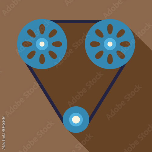 Timing belt driving three gears system in a flat design style with long shadow