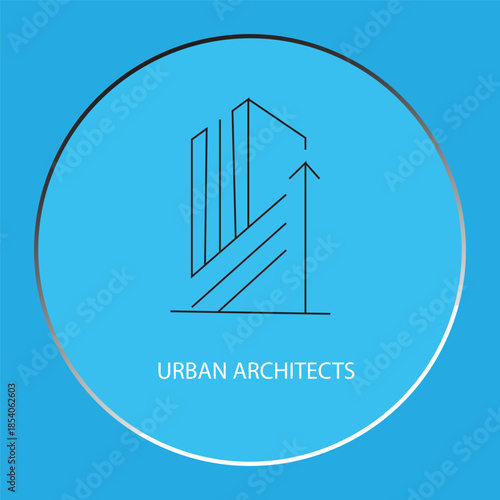 Modern minimalist logo for Urban Architects featuring skyscraper line art and growth arrow on a blue circular background.
