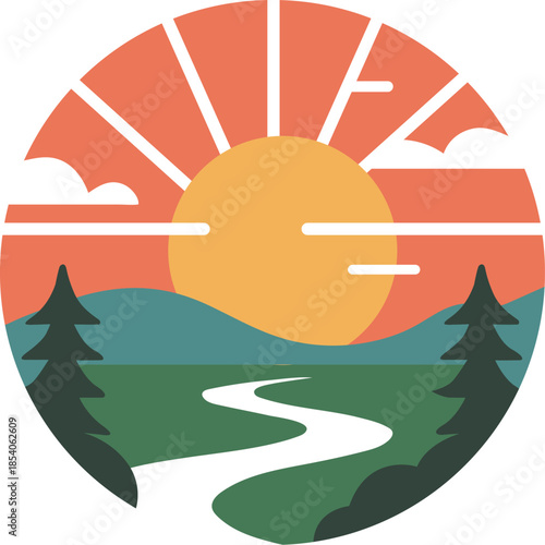 Circular landscape sunset vector illustration with river and pine forest in flat graphic style