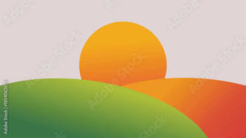 Rolling green hills landscape with large rising sun background vector illustration flat style