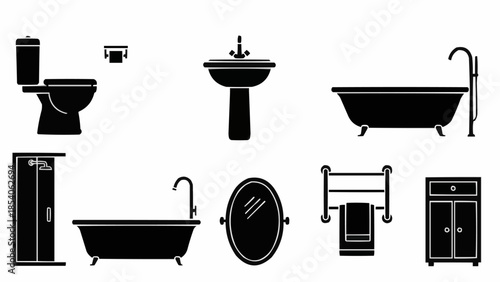 Bathroom Fixtures and Accessories Silhouette Set.