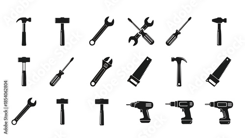 Black silhouette icons of various construction and repair tools including hammers, wrenches, screwdrivers, saws, and cordless drills.