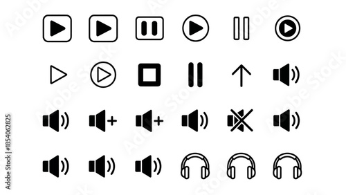 A comprehensive collection of media player control icons, featuring play, pause, stop, volume adjustments, mute, and headphones in various styles.