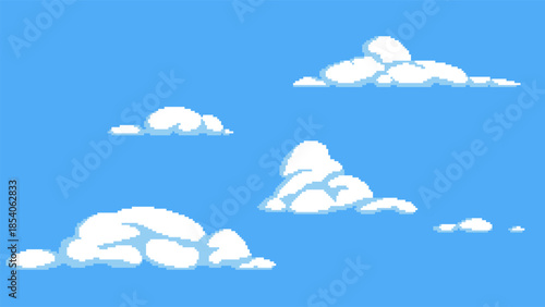 Set of pixel art clouds for game backgrounds. Fluffy cumulus sprites, cartoon sky elements in 8-bit retro style. Ideal for creating nostalgic aerial landscapes, side-scroller animations, and digital s