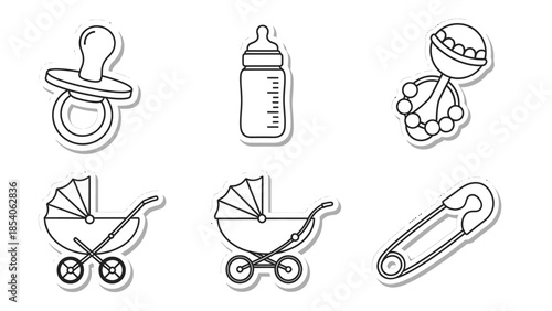 Set of six black and white outline icons for baby items including pacifier, bottle, rattle, strollers, and safety pin.