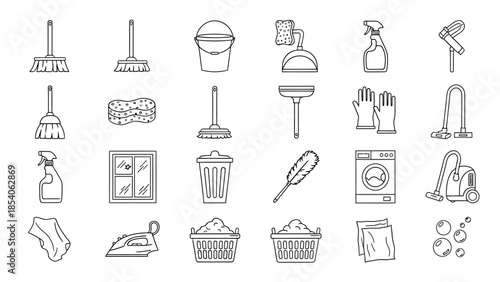 A comprehensive set of line art icons depicting various household cleaning tools and equipment for domestic chores.