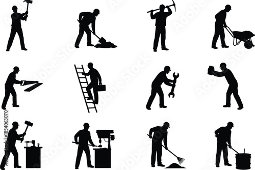 Construction worker silhouettes set, manual labor activities with tools, builder repair jobs, industrial maintenance work, workforce vector illustration isolated background