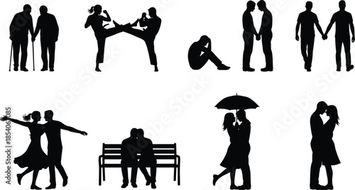 Couple silhouettes set, love romance relationships, dancing fighting hugging kissing moments, family lifestyle emotions, vector illustration isolated white background design