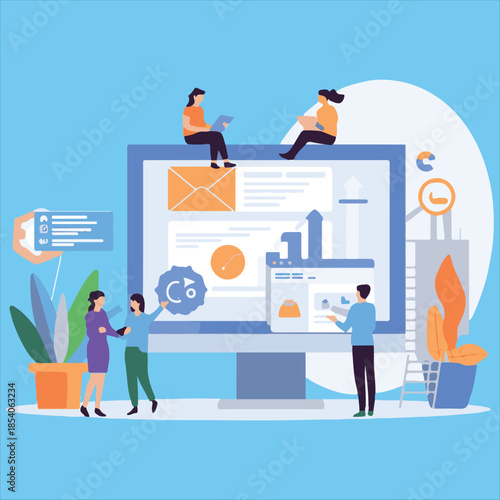 Web Design and Development Concept Vector Illustration,Tiny People Creating Website on Computer Screen Vector,Flat Vector Illustration of UI UX Design Team at Work,Creative Web Development.