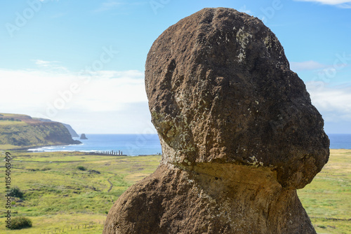 Moai statue overlooking landscape and ocean on Easter Island