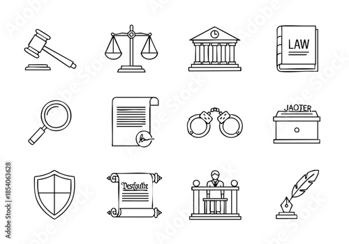 A collection of simple line art icons representing legal concepts and justice-related themes for use in various design projects