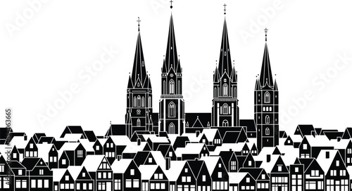 Cathedral townscape silhouette vector, Gothic church skyline, European architecture clipart, historic city graphic, black outline art
