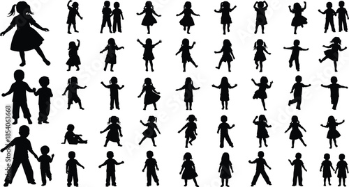 Children silhouette vector, kids activity poses, playful movement clipart, jumping running dancing graphic, childhood motion illustration, black outline art
