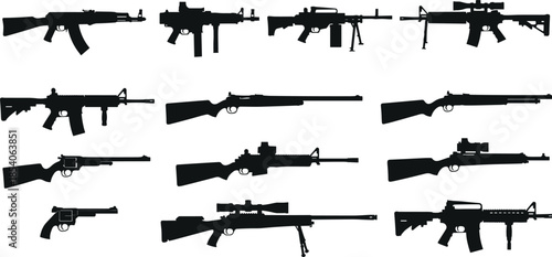 Firearm silhouette vector, rifle clipart, handgun outline, military weapon icons, black gun shapes, tactical arms illustration, shooting graphic