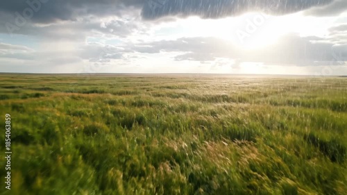 Vast expansive prairie grassland landscape with tall green grass under dramatic stormy cloudy sky and bright sunlight breaking through rain showers