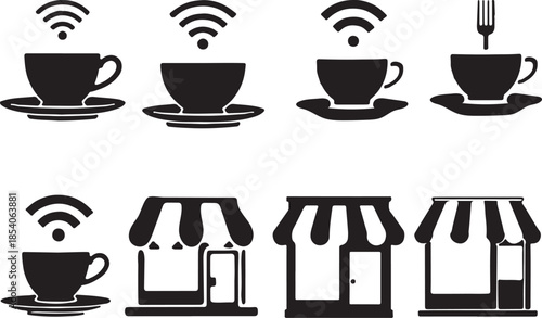 Coffee cups with wi-fi and storefronts