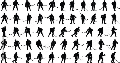 Hockey silhouette vector, ice player poses, stick action clipart, skating movement graphic, sports training illustration, black outline art