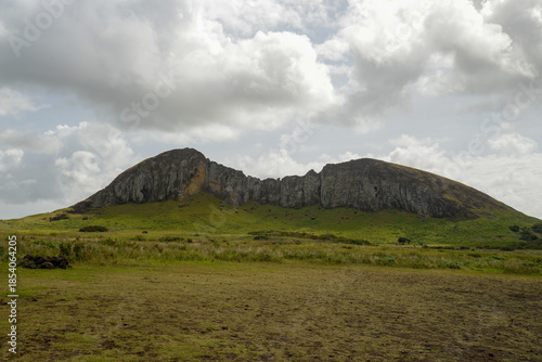 Rano Raraku volcano crater view on Easter Island under clouds