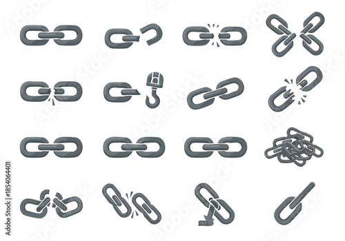 Collection of stylized chain link icons depicting various states of connection and disrepair on a clean white background representing durability and