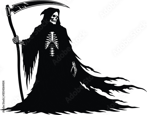 Grim reaper illustration holding scythe with flowing cloak and skeletal body, dark fantasy black and white artwork isolated on white background