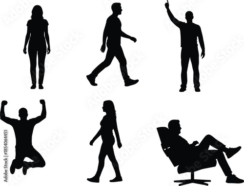 Human silhouette figures showing walking standing jumping sitting gestures, black icon set for lifestyle behavior actions and daily activity scenes
