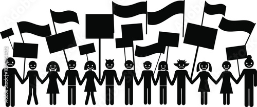 Protest silhouette vector, people holding signs, unity illustration, stick figure crowd, demonstration clipart, activist art, social movement graphic