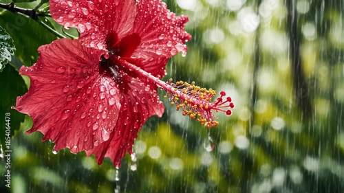 Vibrant red hibiscus flower with water droplets in a tropical rain shower showcasing beauty and resilience against natural elements