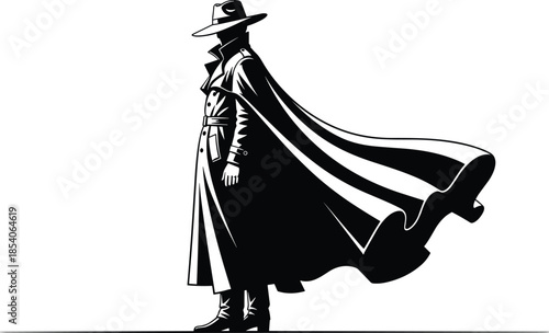 Mysterious noir detective silhouette wearing trench coat and fedora hat, dramatic black vector illustration of classic crime fiction character style