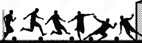 Soccer goal silhouette vector, player kick sequence, goalkeeper dive clipart, football action graphic, sports motion illustration, black outline art