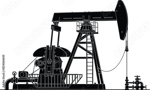 Oil pumpjack silhouette industrial energy equipment, detailed black vector illustration of petroleum extraction machinery for energy industry concepts