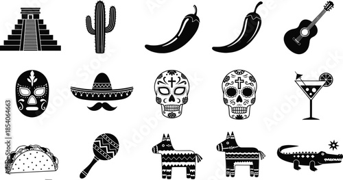 Mexican culture icons set featuring Aztec pyramid cactus chili pepper guitar sugar skull sombrero tacos maracas pinata and traditional folklore symbols