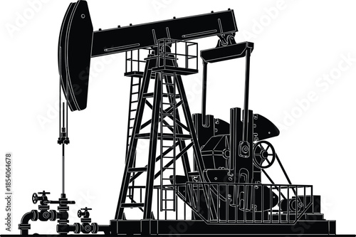Oil pumpjack silhouette with industrial drilling machinery, detailed black vector illustration of petroleum extraction equipment for energy industry concepts