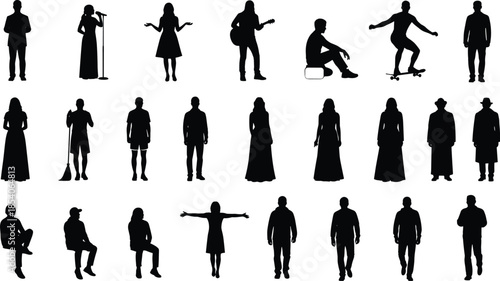 People silhouettes performing music sports cleaning sitting standing gestures, black icon set illustrating lifestyle activities entertainment work leisure daily scenes