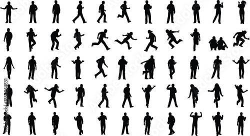 People silhouettes performing walking running jumping gestures, black icon set illustrating social behavior movement lifestyle daily activity scenes and crowd actions