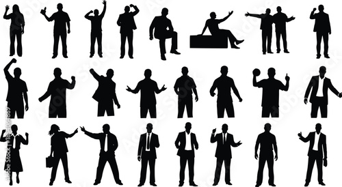 People silhouettes showing communication celebration presentation sitting gestures, black icon set illustrating business interaction leadership lifestyle daily activity concepts