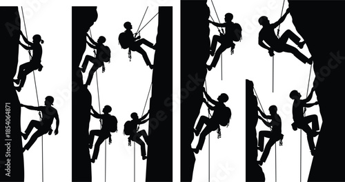 Rope access climbers performing vertical rescue inspection work on cliffs, black silhouette set illustrating mountaineering safety, industrial climbing techniques services training