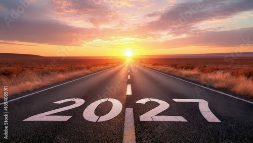 Wallpaper Mural Road to 2027: Asphalt Highway Stretching Towards a Bright Sunset or Sunrise Horizon, Symbolizing New Year Planning, Future Goals, Hope, Opportunity, and Forward Progress in the Coming Year. Torontodigital.ca