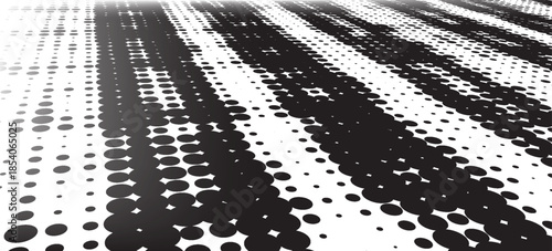 Abstract black and white halftone dot pattern with dynamic perspective lines creating a modern, high-contrast visual effect. Suitable for posters, branding, editorial design, and contemporary graphic