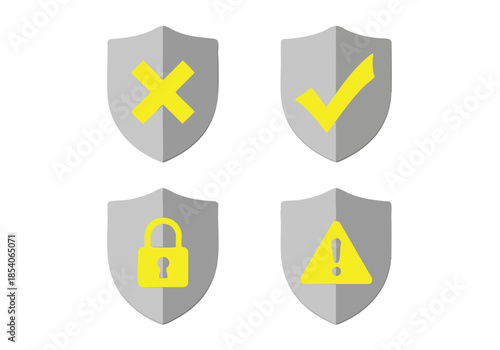 Digital Shield Icons Representing Security Status and Verification with Yellow Symbols on a White Background Ideal for Digital Interfaces