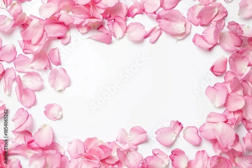 Pink rose petals creating a delicate floral border frame on white on transparent background