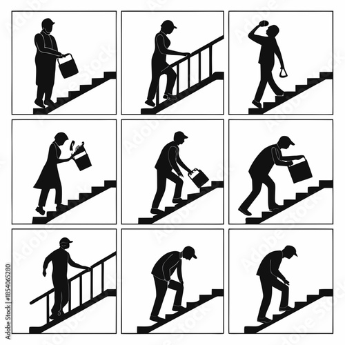 Climbing Stairs Vector Illustration – People Performing Various Stair-Related Actions